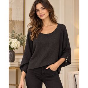 T Tahari Dolman Sleeve Black & Silver Lurex Knit Sweater, Size L